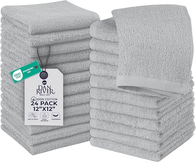 DAN RIVER 24 Pack Wash Cloths for Showering [12x12] - 100% Cotton Washcloths Premium Quality Flannel Face Cloths for Bathroom, Highly Absorbent and Soft Feel Wash Clothes, Silver