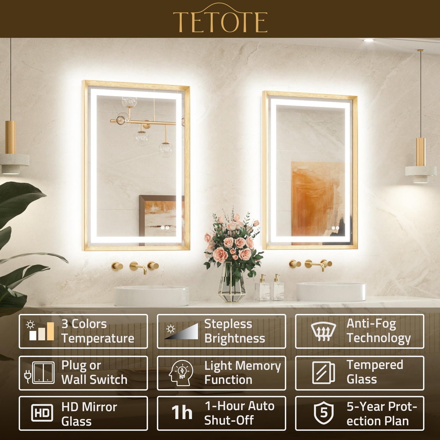 TETOTE 72 x 40 Bathroom LED Mirror Brushed Gold Metal Frame Frontlit & Backlit Vanity Mirror Anti-Fog Stepless Dimmable 3 Colors White/Warm/Natural Wall-Mounted