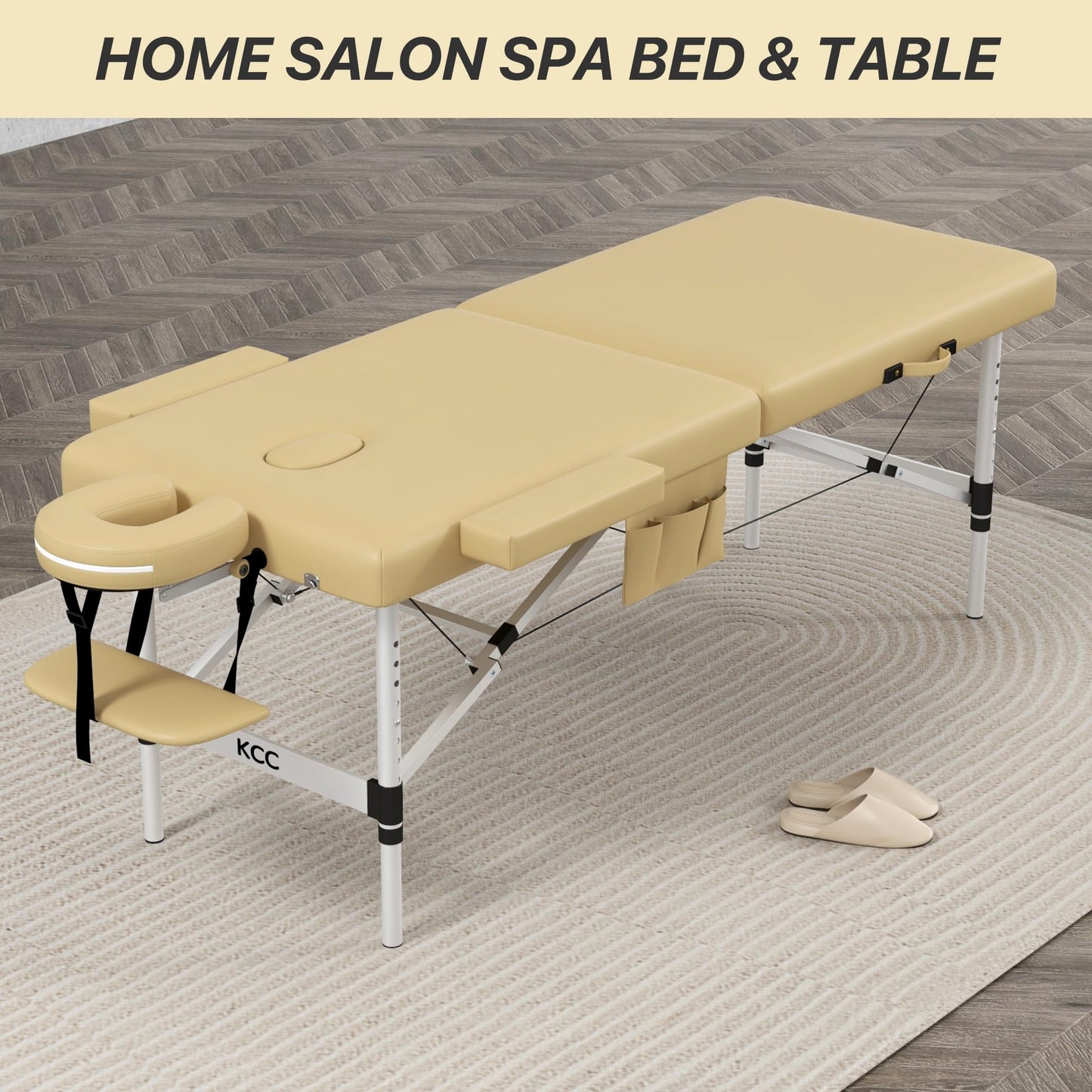 KCC Memory Foam Portable Massage Table, Foldable Tattoo Table Lash Bed Height Adjustable，28 Inchs Wide Home Salon Spa Bed Accessories &Carrying Case，Easy Set Up,Lightweight Aluminium Leg,Beige