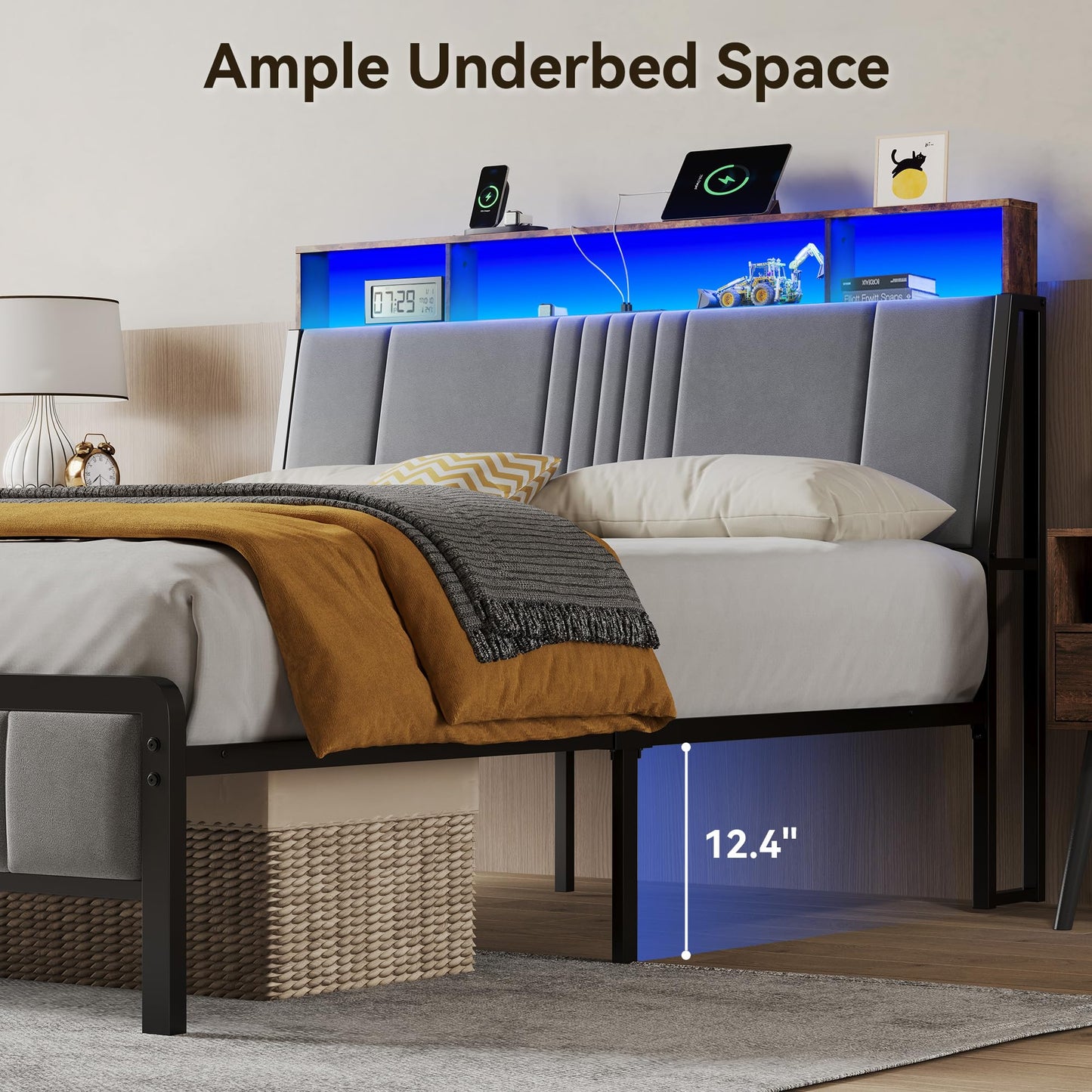 BedsPick Queen Bed Frame with Ergonomic Headboard, Upholstered Metal Platform Bed Queen Size with 2-Tier Storage, Charging Station, Smart LED Lights, Easy Assembly, No Box Spring Needed, Grey