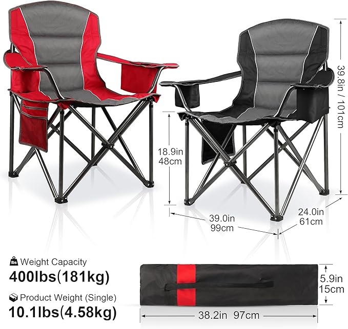 LANMOUNTAIN 2 Pack Padded Oversized Camping Chairs for Adults,Heavy Duty Support 400 Lbs,Folding Portable Lawn Chair w/Cup Holder,Cooler Bag,Side Pocket,Perfect for Outdoor Picnic,Hiking(Red&Black)