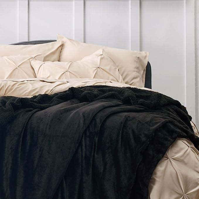 Bedsure GentleSoft Sherpa Fleece Blankets Queen Size for Bed - Thick and Warm Throw for Women and Men, Soft Fuzzy Plush Queen Blanket for Winter, Non-Heated, Black, 90x90 Inches