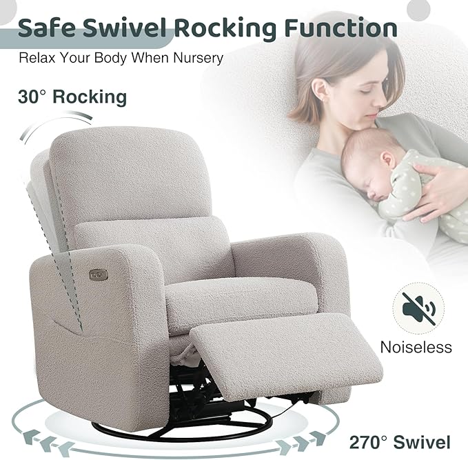 AEMEIOS Swivel Rocker Recliner, Power Recliner Glider with Removable Cushion, Oversized Upholstered Boucle Swivel Reclining Nursery Chairs for Living Room Bedroom, Teddy Grey