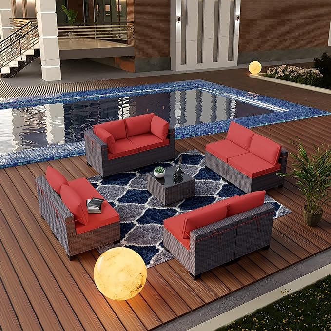 Kullavik 9 Pieces Outdoor Patio Furniture Set,Outdoor Sectional Rattan Sofa Set Brown PE Rattan Wicker Patio Conversation Set with Tempered Glass Coffee Table and Washable Cushions Covers,Red