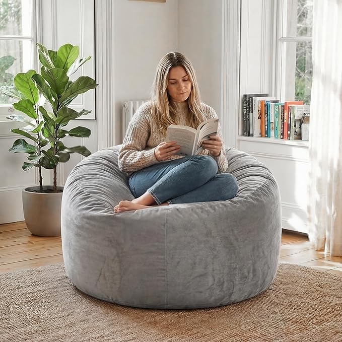 YuppieLife Large Foam Filled Bean Bag Chairs for Kids Teenagers Adults Living Room Gaming Relaxing 4F Machine Washable Lazy Sofa（Silver Grey