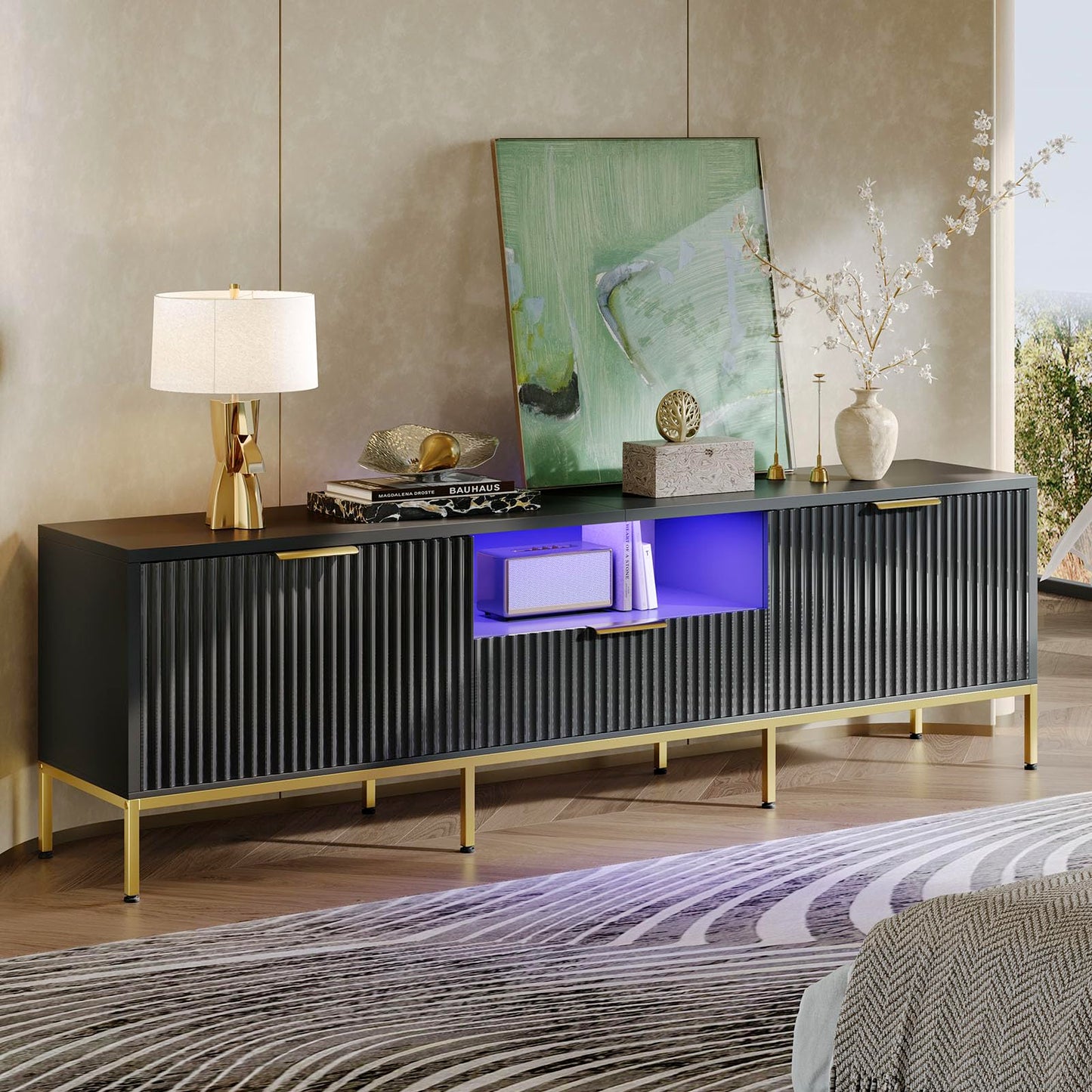 Bestier 70” Fluted TV Stand with LED Lights, Black TV Stand for TVs Up to 80", Modern Entertainment Center with Storage, TV Console, Media Console for Living Room Bedroom