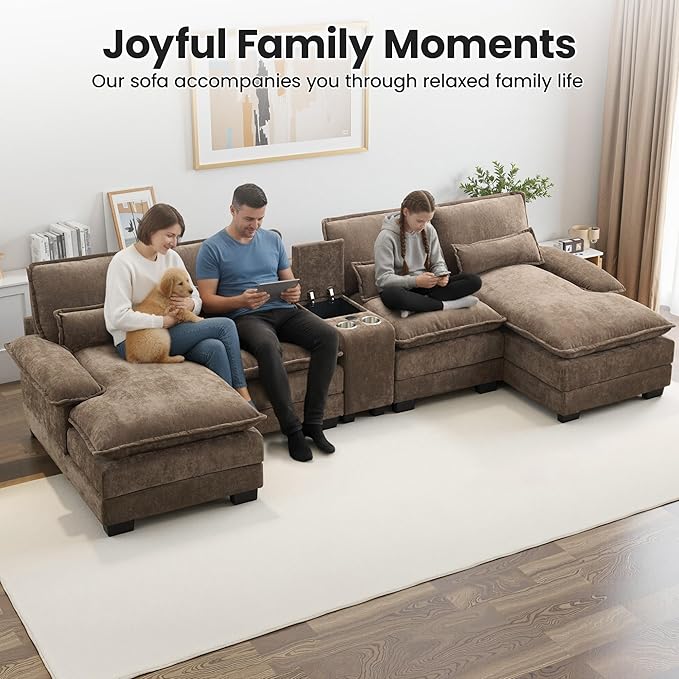 125" U Shaped Cloud Modular Sectional Couch for Living Room, Small Comfy Chenille Sofa with Double Chaise Lounge, Storage Central Console, Cup Holders, USB Port,Brown