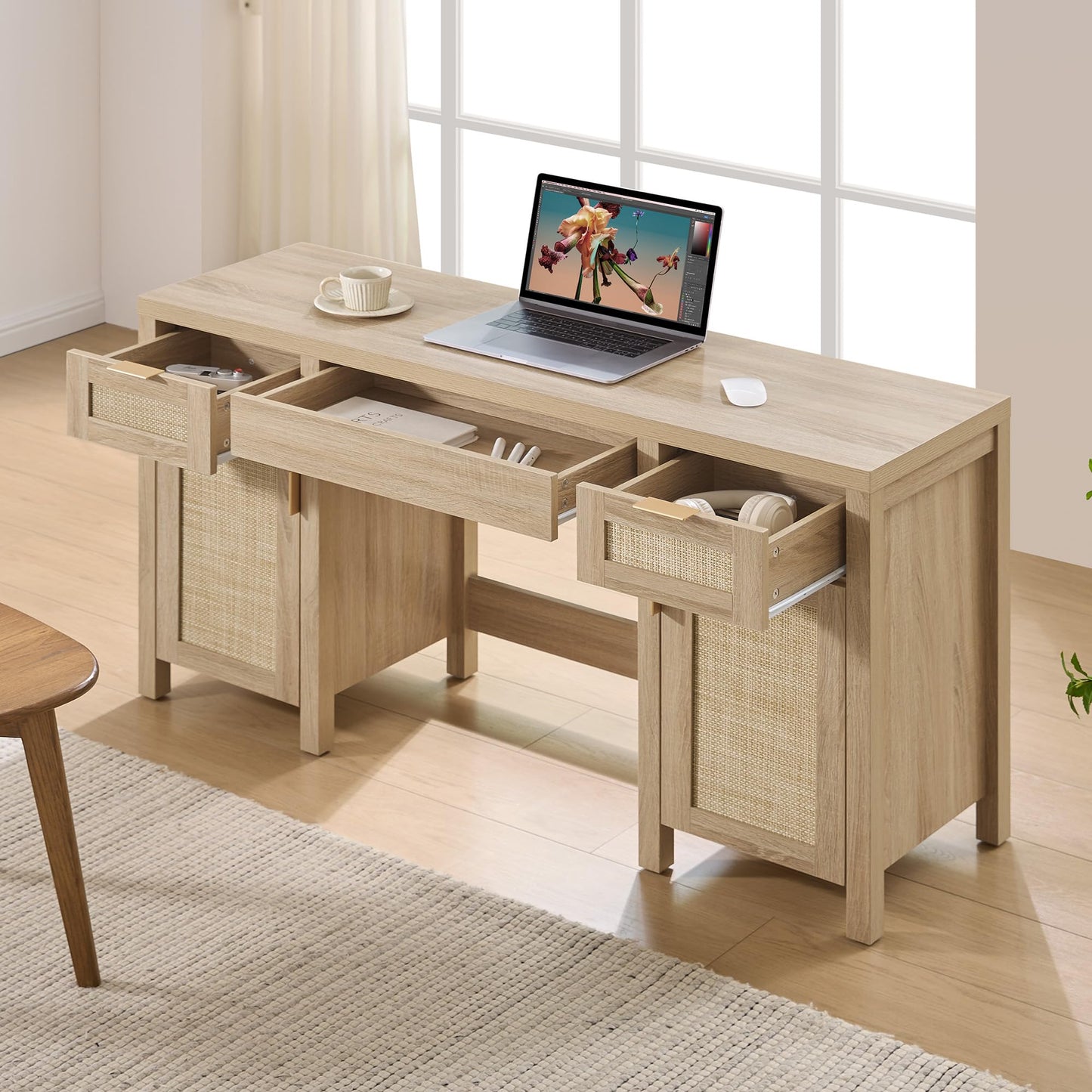 SICOTAS Rattan Vanity Home Office Desk - 52" Large Farmhouse Boho Makeup Vanity Dressing Table with 3 Drawers & 2 Storage Cabinets, Vanities Desk for Makeup Room, Bedroom, Home Office, Light Oak