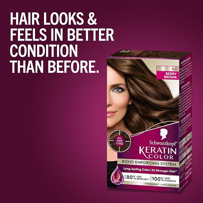 Schwarzkopf Keratin Permanent Hair Dye Cream, 5.3 Berry Brown, Professional Quality Color for Up to 100% Gray Coverage, Bond Enforcing System