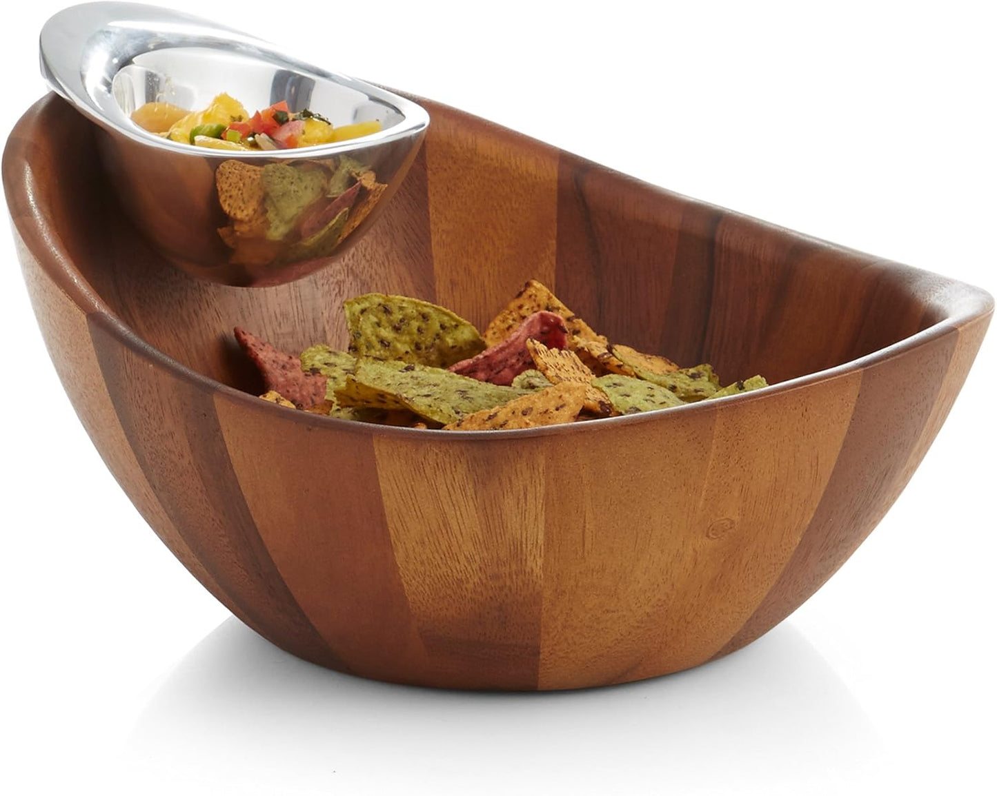 nambe Harmony Chip and Dip Server | Chips and Salsa Serving Dish | Salad Bar Serving Set for A Party | Chilled Dip Serving Bowl | Made of Acacia Wood and Metal Alloy