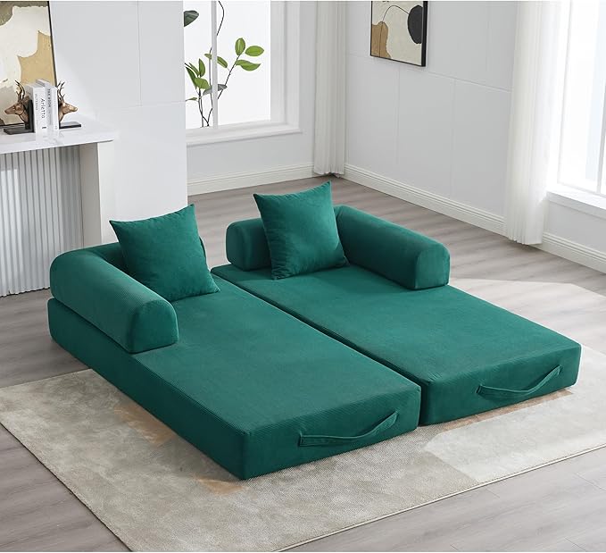 ZEIINPA Convertible Sleeper Sofa Bed, Folding Floor Sofa Bed with Fixed-Shape Frame, Corduroy Floor Sleeper Sofa with Storage Pocket, Futon Boneless Sofa Couch for Living Room, Emerald Green