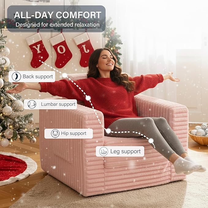 Welnow Folding Sofa Bed with Ottoman, Convertible 2-in-1 Boneless Couch Futon Lounge Chair Bed for Adults, Comfy Fold Out Sleeper Sofa for Small Spaces, Living Room, Bedroom, or Dorm, Pink