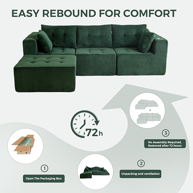 MAXYOYO Modular Sectional Sofa Couch, L Shaped Modern Cloud Couch with Ottoman, Sofa in A Box, Tufted 4-Seat Boneless Sleeper Chair for Living Room, No Assembly Required, Green