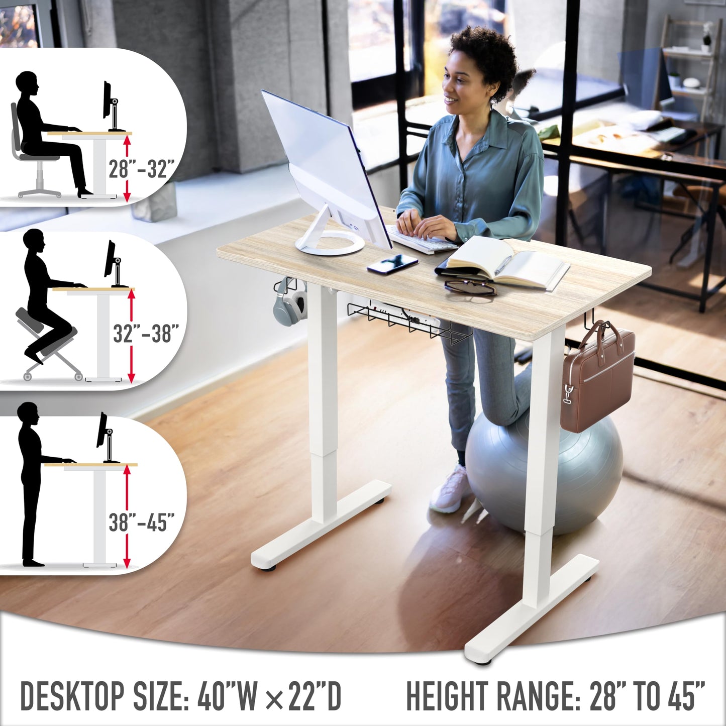 SHW 40 x 22 Inches Electric Height Adjustable Sit to Stand Desk with Hanging Hooks and Cable Management, White Frame and Maple Top