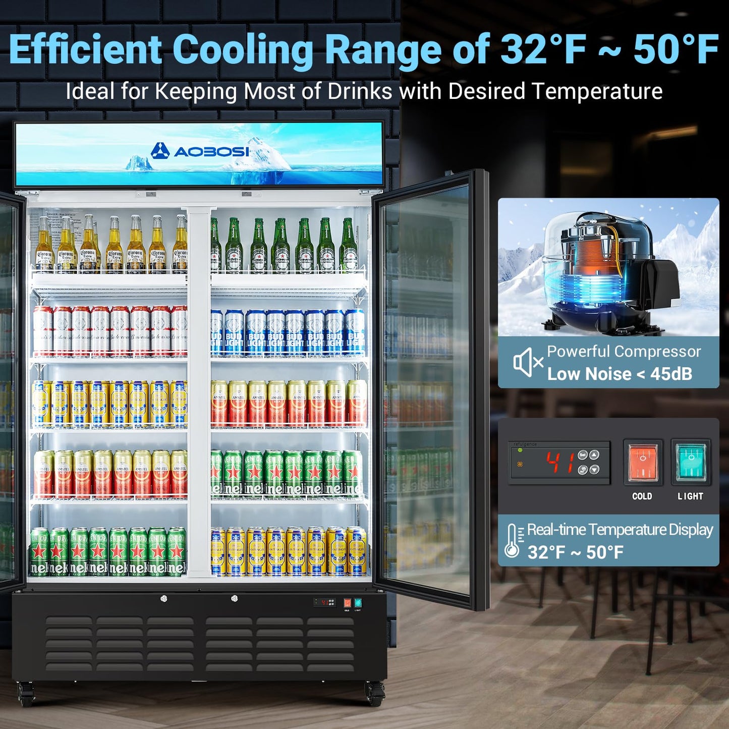 AAOBOSI 50" Wide Commercial Merchandiser Refrigerator,36.8 Cu.Ft Glass Door Display Refrigerator,Upright Beverage Fridge with Soft LED Light,Customizable Lightbox,Universal Casters, Adjustable Shelves