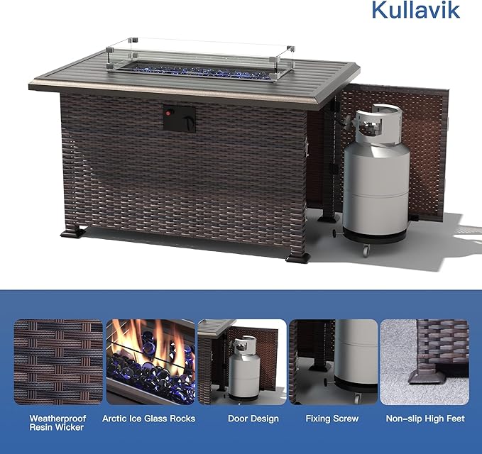 Kullavik 10 Pieces Outdoor Patio Furniture Set with 43" Gas Propane Fire Pit Table PE Wicker Rattan Sectional Sofa Patio Conversation Sets,Sand