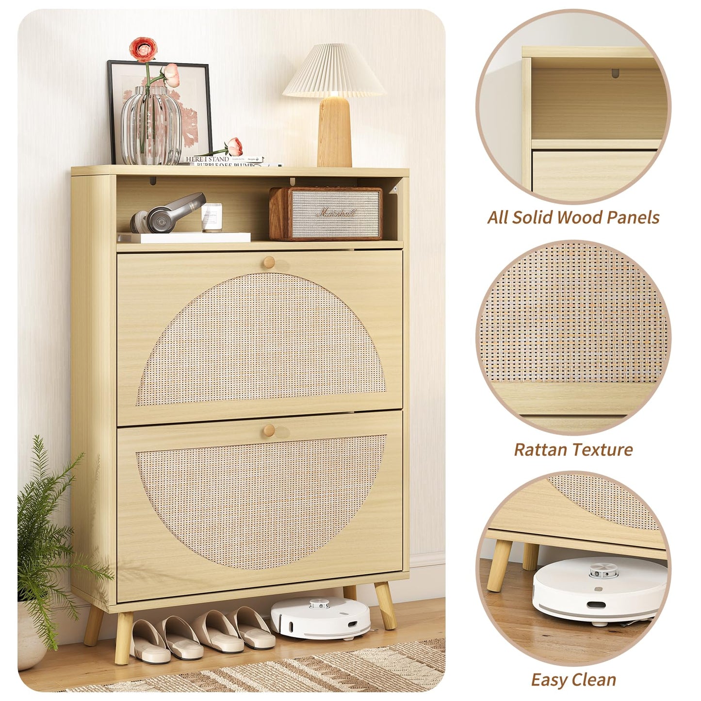 Curlaky Rattan Shoe Cabinet Storage with 2 Flip Drawers, Narrow Freestanding Shoe Storage Cabinet for Entryway, Wood Hidden Shoes Organizer Rack with Adjustable Shelves for Entry Way, Natural