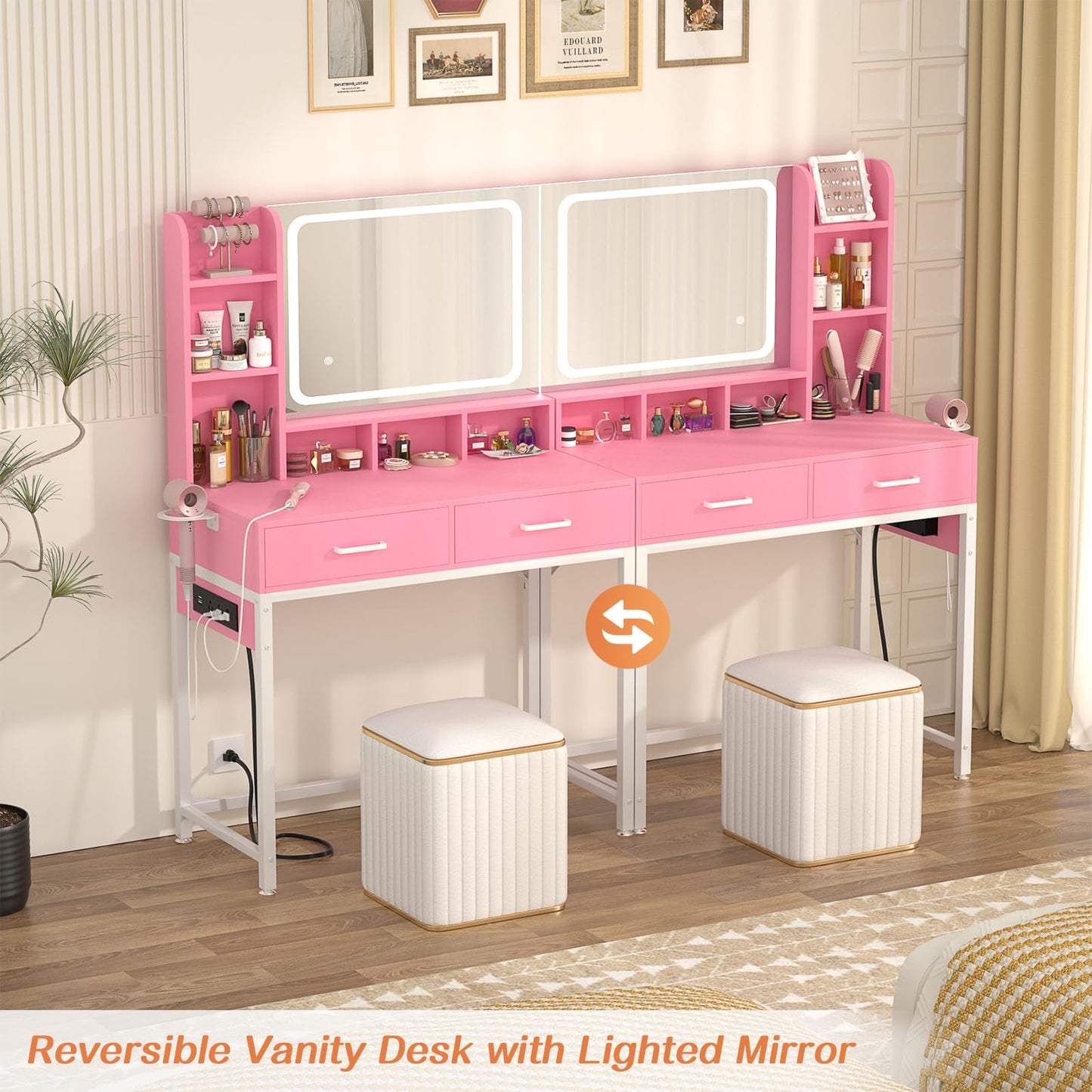 Small Vanity Desk, Vanity Desk with Mirror and Lights, Makeup Vanity Desks with Power Strip, Vanity Table with Drawers and Shelves, Adjustable Lighting, Dressing Table for Bedroom Dressing Room, Pink