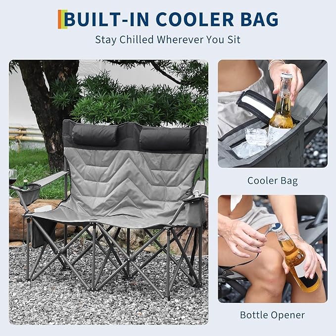 Oversized Double Camping Chairs, Heavy Duty Padded Loveseat Chair - 900 LBS Support for Adult - Comfortable Camping Chair with High Back & Pillow
