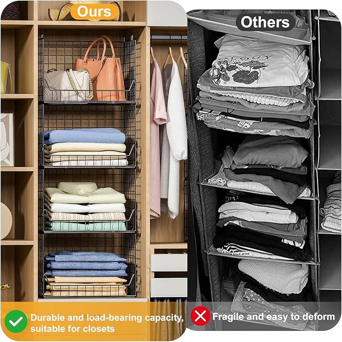4-Tier Extra Height Stackable Closet Organizer – Foldable Storage Bins for Sweaters, Jeans, and Clothes – Sturdy Iron Mesh Shelves for Neat and Efficient Closet Storage – Black