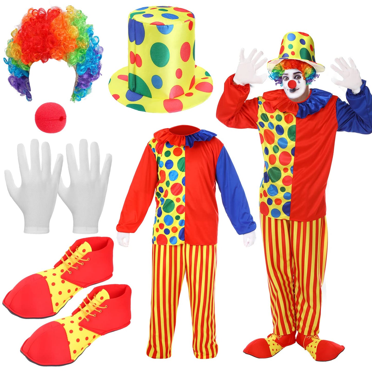 Funtery 7 Pcs Clown Costumes Set Includes Shoes, Nose, Hat, Wig, Gloves for Adults Halloween Clown Costumes