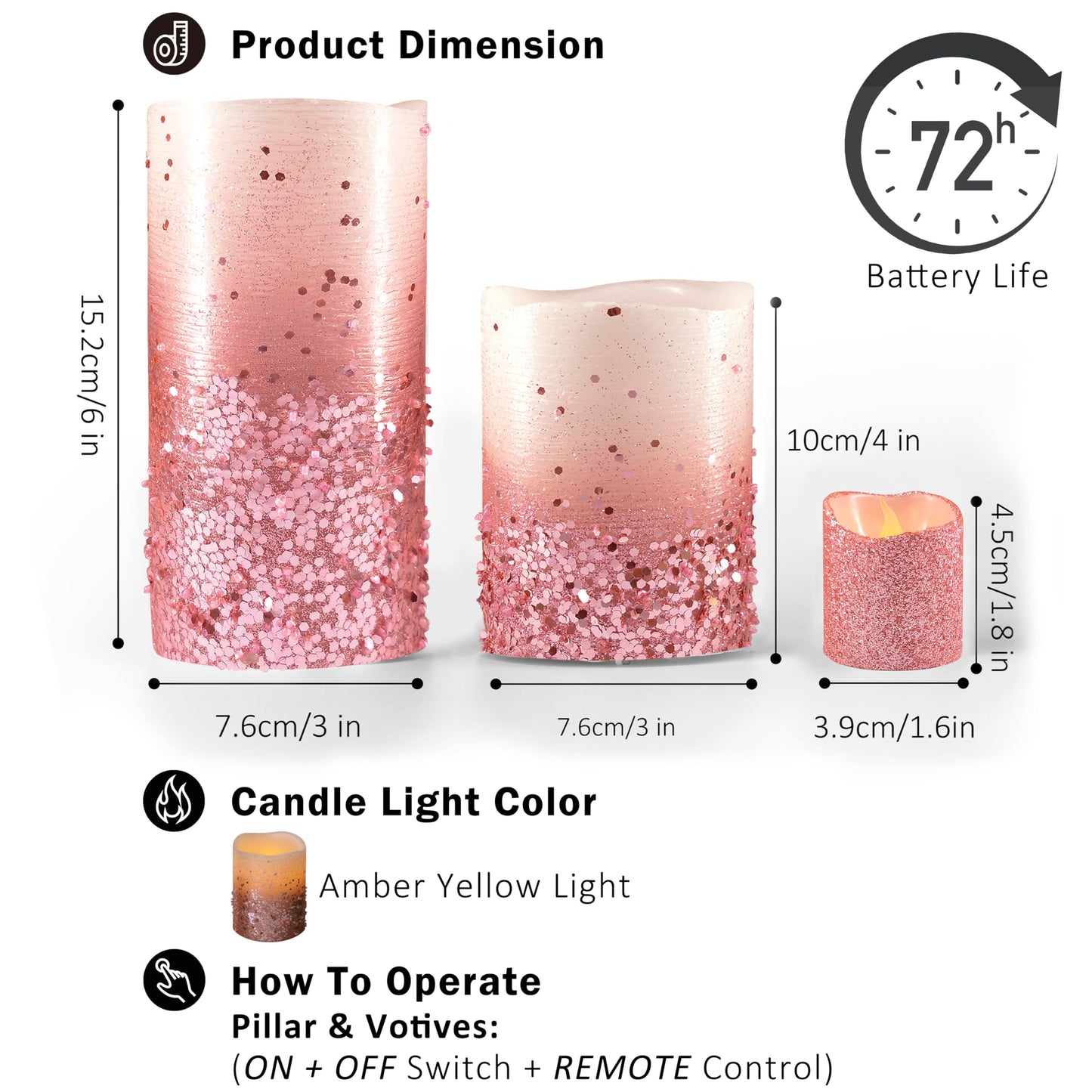 FURORA LIGHTING Pink Glitter LED Candles with Remote and Timer, 4 Pillars and 4 Votives Pack of 8, Real Wax Flameless Flickering Candles for Home Décor, Battery Included