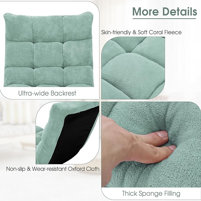 DREAMADE Folding Floor Chair w/Back Support, 14-Position Adjustable Lazy Sofa Chair w/Coral Velvet Fabric & Alloy Steel Frame, Portable Meditation Chair for Reading, Gaming,Sleeping (Green)