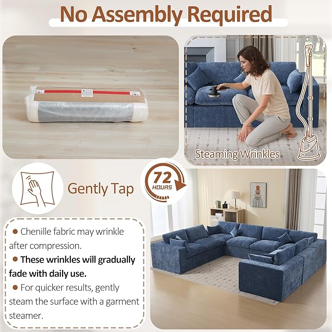 155''Cloud Boneless Sectional Couch, Modular Sectional Sofa Deep Seat, Oversized Upholstered Convertible Comfy 8 Seater Chenille Memory Foam Sofa U Shape Couches for Living Room, Blue