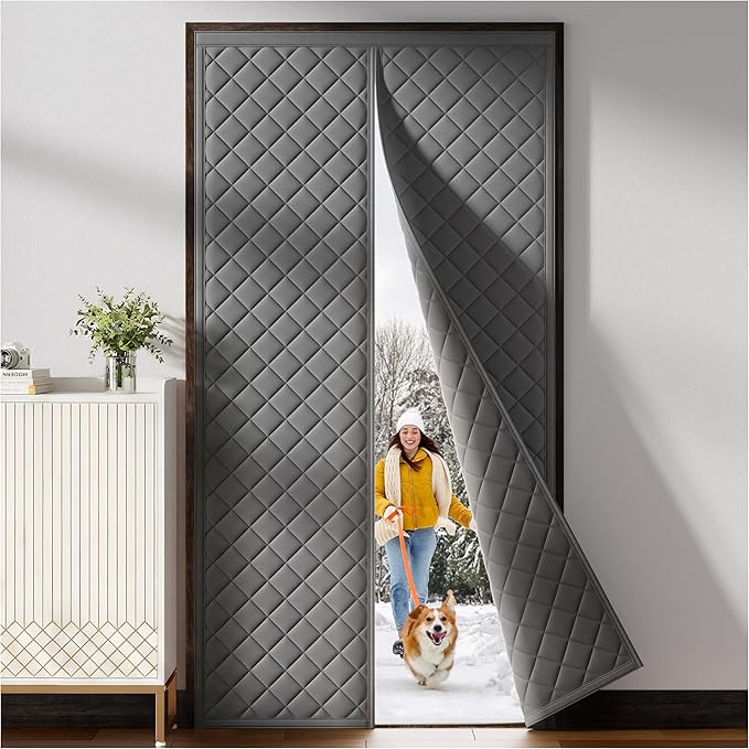 Magnetic Thermal Insulated Door Curtain Fit Door Size 38" x 82", Quilted Oxford Fabric Thicken Cotton Fill, Winter Cover Keep Cold Draft Out, Blanket Insulation for Front Patio Doors Gray