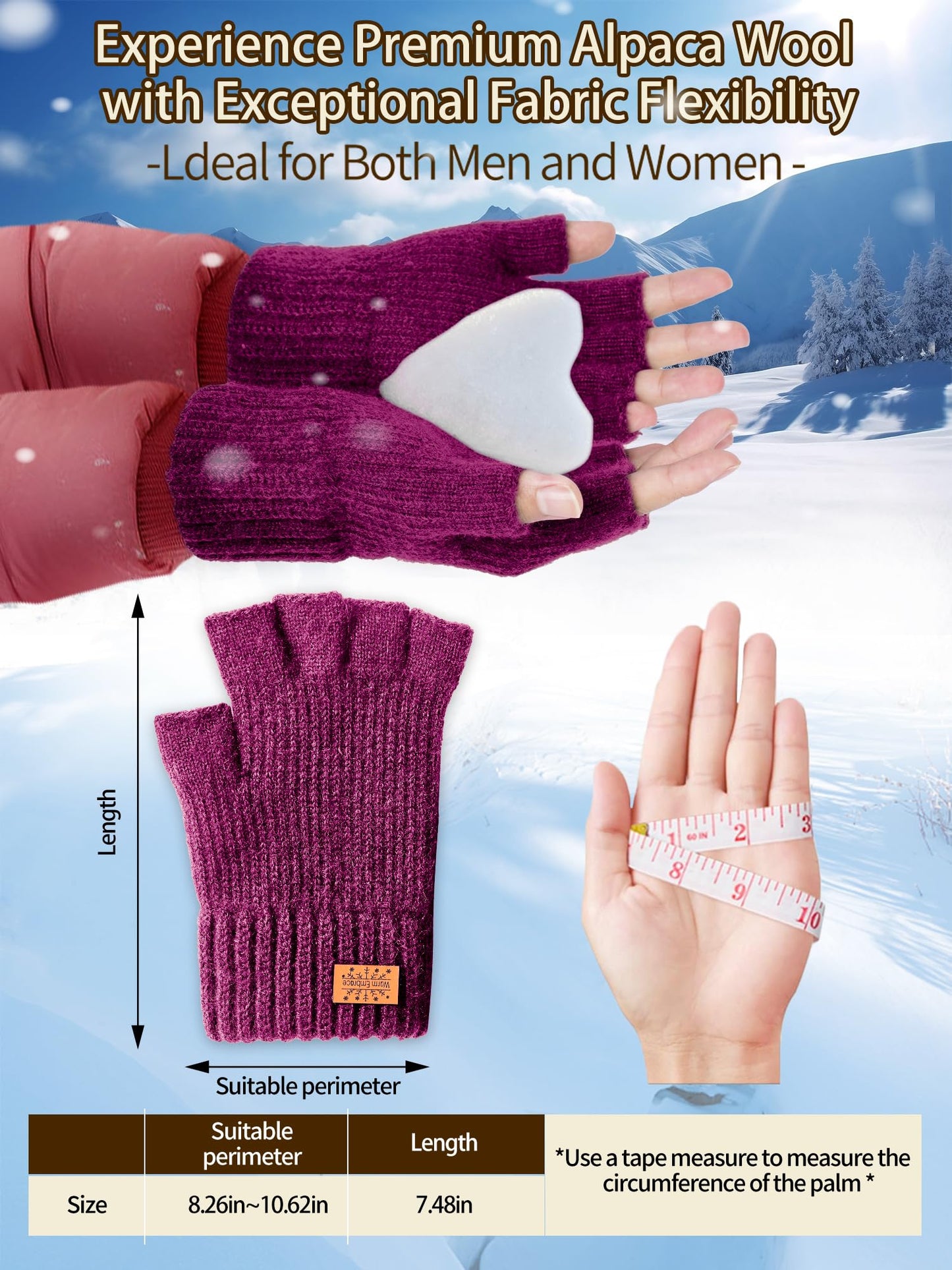 Fingerless Gloves for Women Men, Winter Warm Alpaca Wool Stretch Knit Adult Half Finger Glove for Typing, Driving