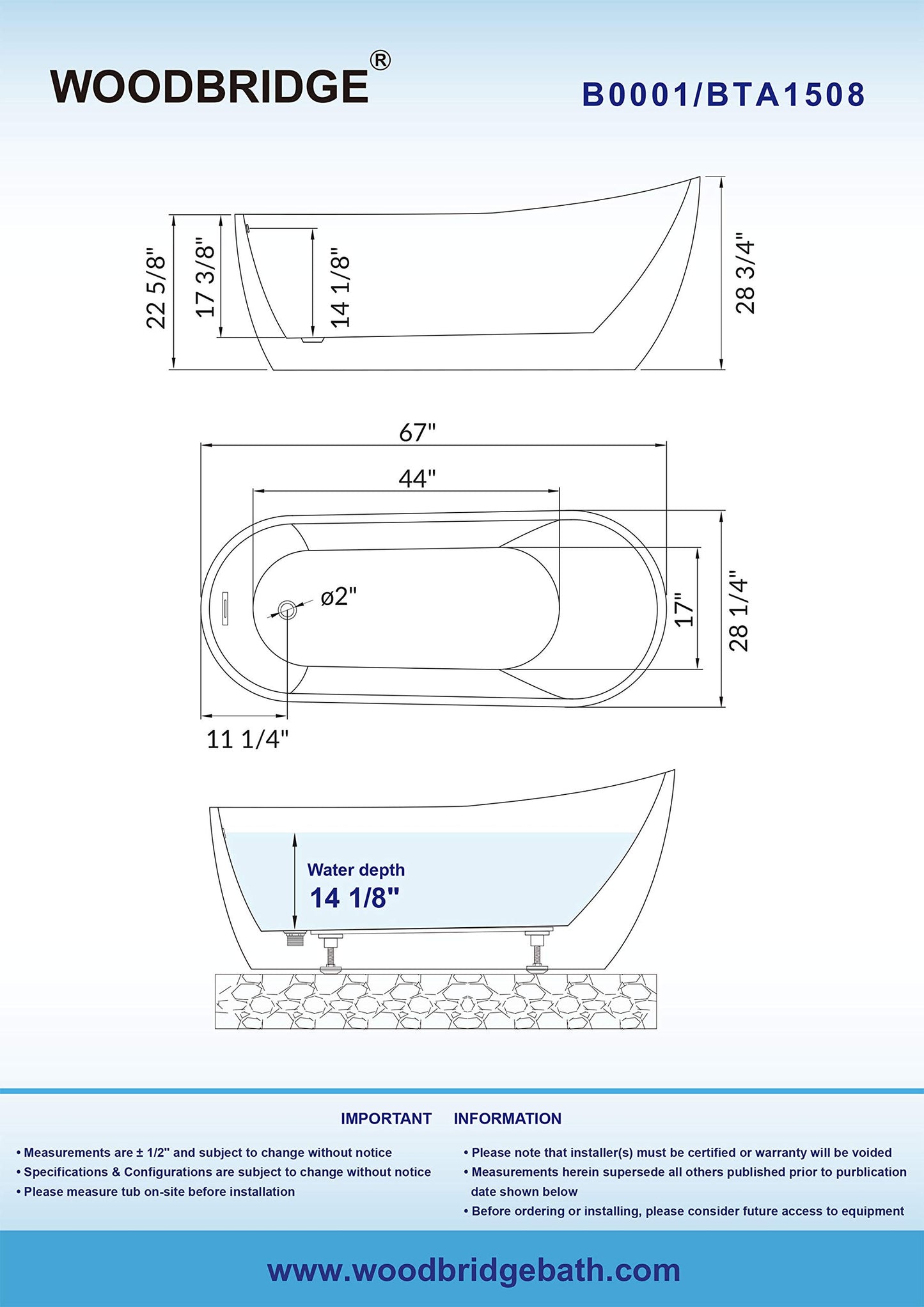 WOODBRIDGE 67" Acrylic Freestanding Bathtub Contemporary Soaking Tub with Chrome Overflow and Drain, B0001-C, White