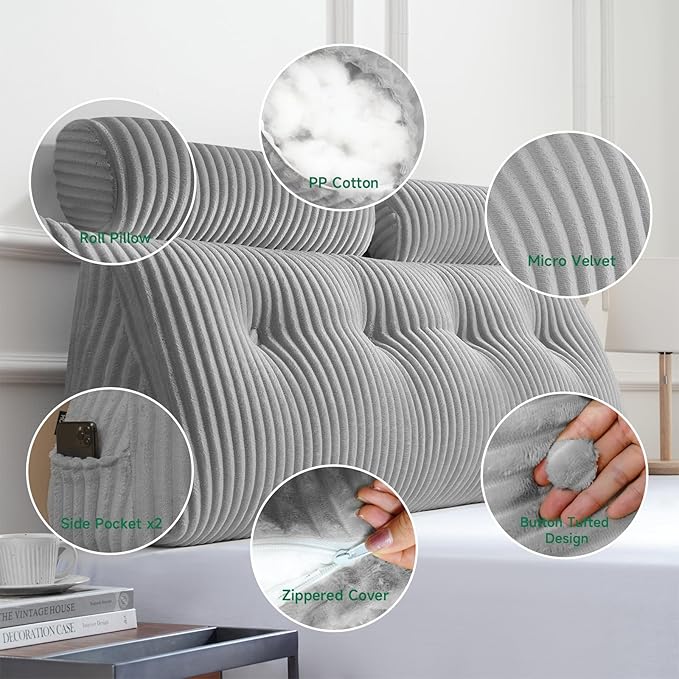 Z-hom Large Wedge Pillow Headboard, Full Triangular Headboard Pillow, Reading Pillow Bed with a Roll Pillow for Bed Sitting Up Sleeping, Backrest Cushion Headboard Gap Pillow for Back, Light Gray