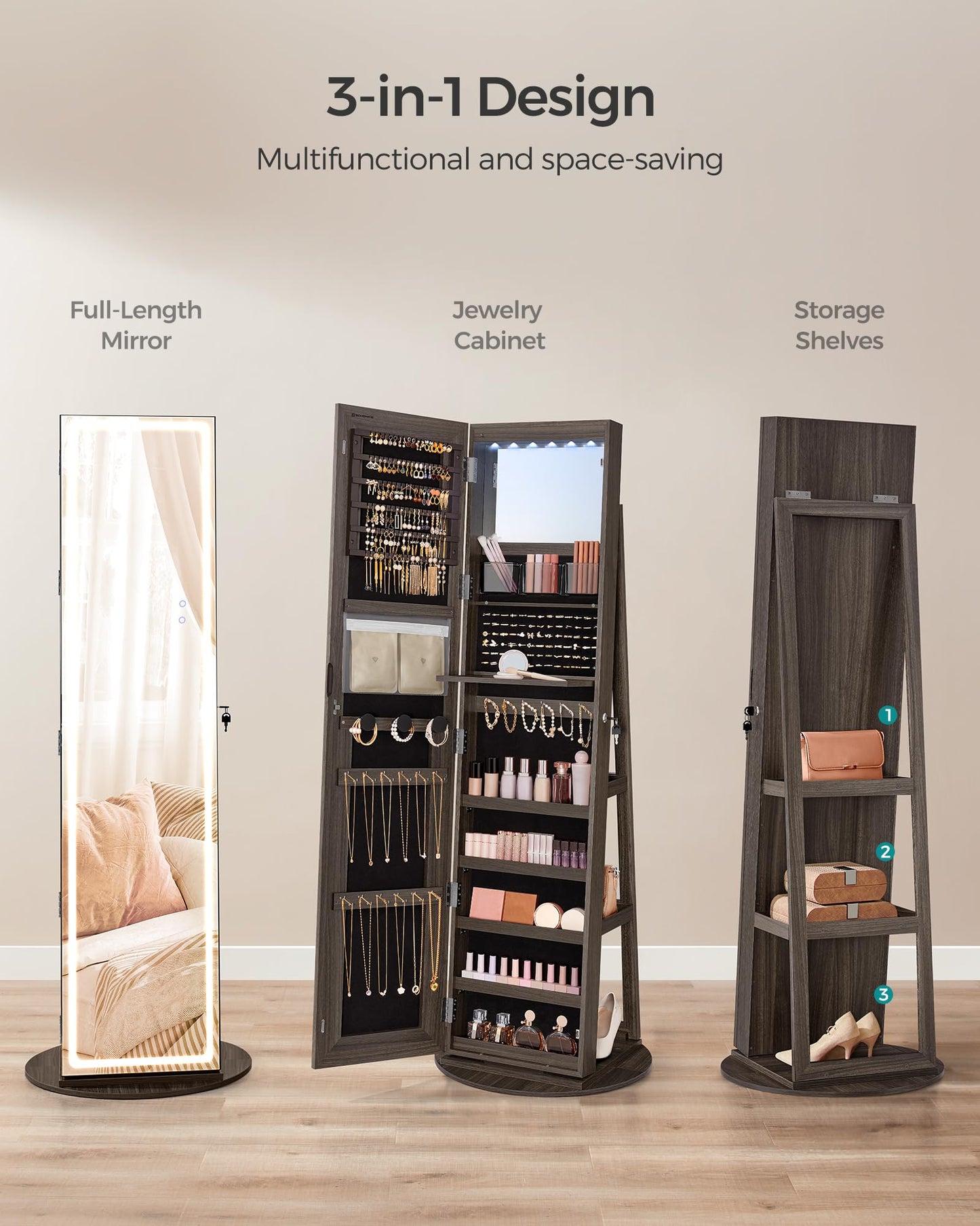SONGMICS LED Jewelry Cabinet Standing, Lockable Armoire With Full-Length Mirror and Adjustable Lights, Space-Saving Organizer, Gift Idea, Ash Brown UJJC008K02