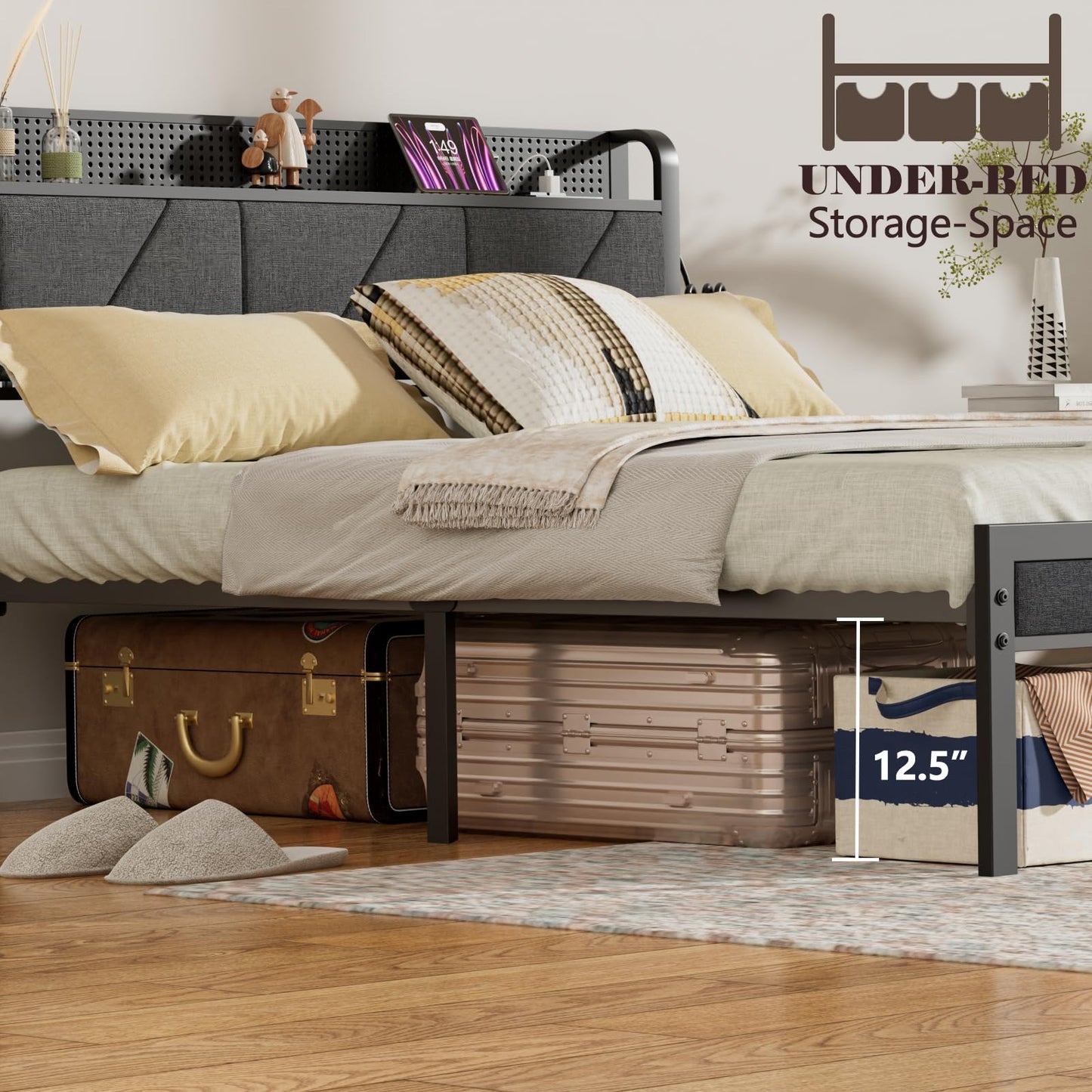 Furnulem Queen Size Bed Frame with Headboard and LED Lights, Upholstered Bedframe with Charging Station and USB Port, Platform Metal Bed Frames, No Box Spring Needed, Noise Free
