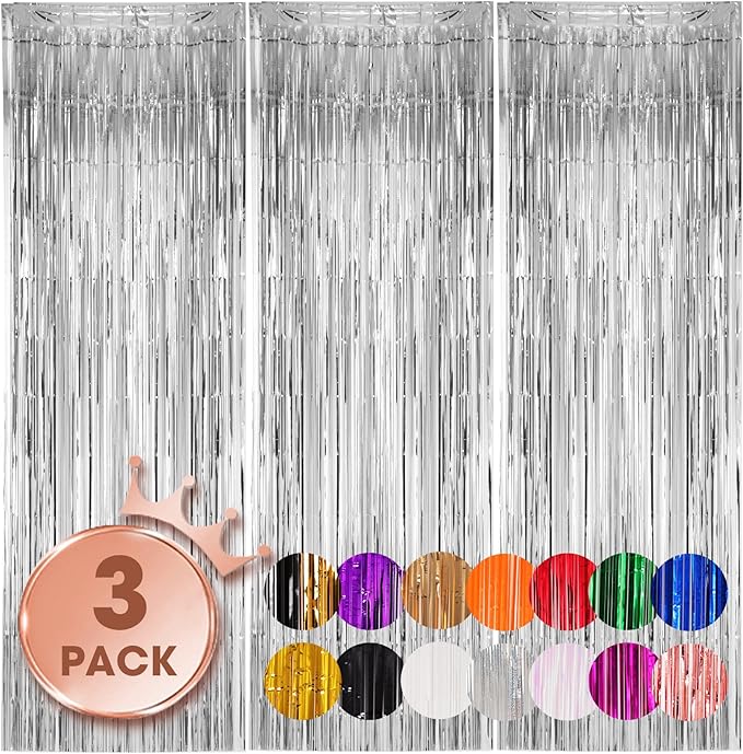 Voircoloria 3 Pack 3.3x8.2 Feet Silver Foil Fringe Backdrop Curtains, Tinsel Streamers Birthday Party Decorations, Fringe ...