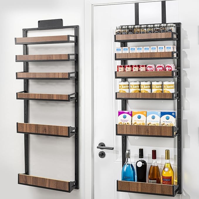 Aquzee Over the Door Pantry Organizer, 6-Tier Spice Rack Wall Mount, with Adjustable Wood Baskets, Metal Mounting/Hanging Behind the Door Organizer Storage for Kitchen, Cabinet and Closet