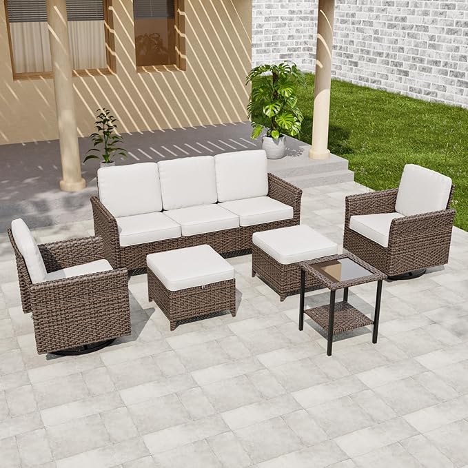 COOS BAY Harbor Retreat 6 Piece Outdoor Furniture Set, Patio Conversation Set with Swivel Rocking Chairs, 3 Seat Couch, Side Table and Ottomans, Wicker Furniture, Brown/Beige