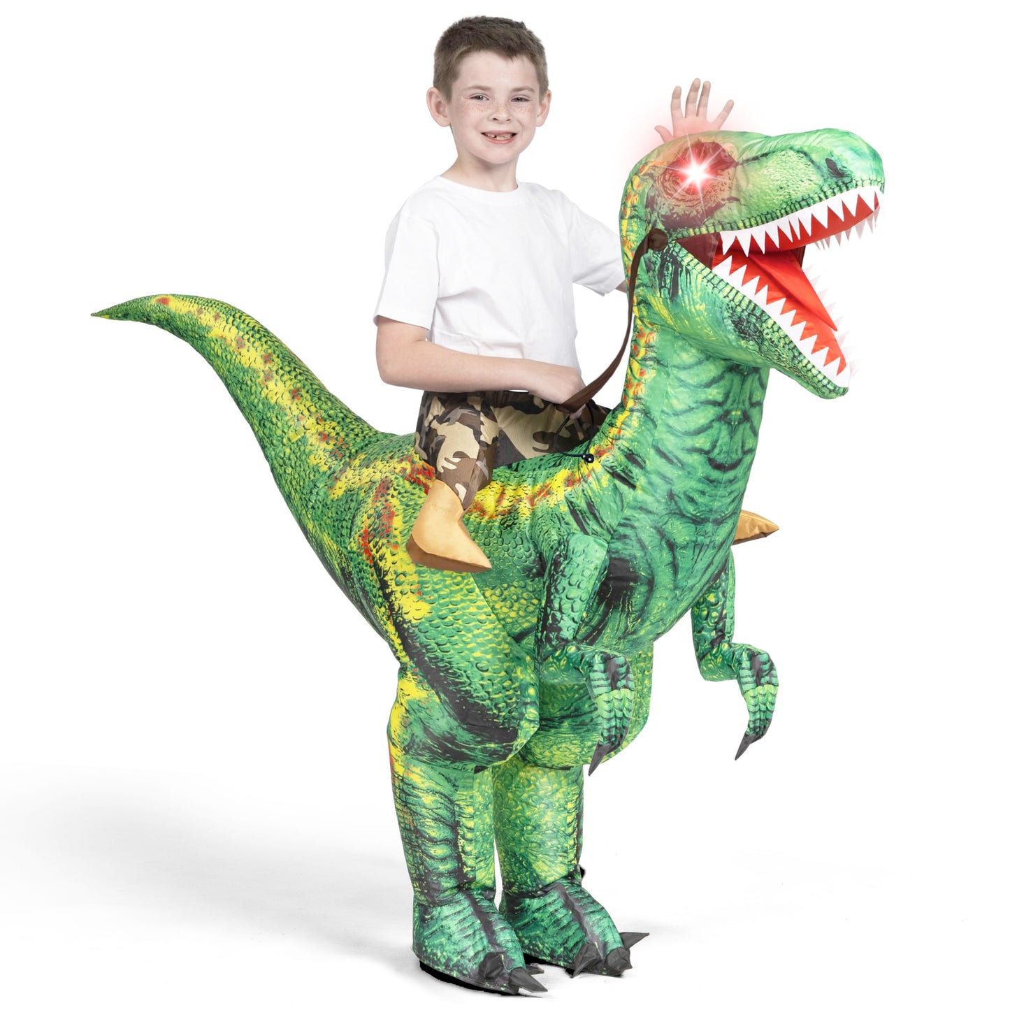 Spooktacular Creations Kids Halloween Inflatable Costume, LED Light Eyes Dinosaur, Ride on Blow Up Dragon Costume, Digital Printing T-Rex for Halloween Dress Up Party, M