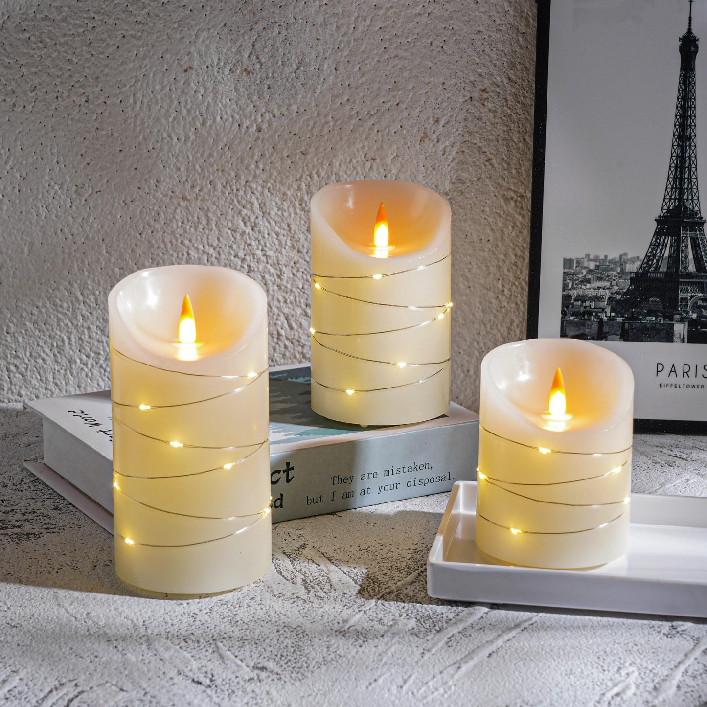 Ivory Rechargeable Flameless LED Candle 3-Piece Set (4/5/6 inches) - Real Wax with String Lights, Includes Remote and Timer, Safe and Realistic Flame, for Christmas/Halloween Home Decoration