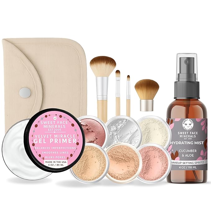 FLAWLESS COMPLEXION KIT (WARM-Neutral Shade-Most Popular) Full Size Mineral Makeup Set Matte Foundation Bare Face Sheer Powder Cover