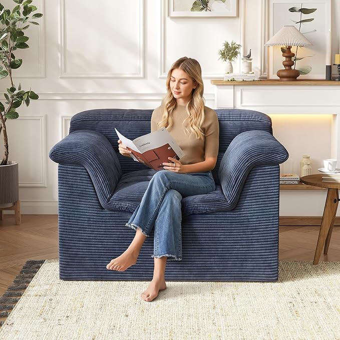 SUNG7 51" Cloud Sectional Couch, Modern Modular Sofa with Deep Seat, Comfy Compressed Single Sofa, Upholstered Corduroy Couches for Living Room, No Assembly Required, Blue
