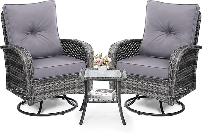 wildformers Luxury Outdoor Swivel Wicker Glider Patio Chairs with Table Set, Overstuffed Washable Cushions, Ideal for Porch, Balcony, Deck, Grey Rattan and Grey Cushion