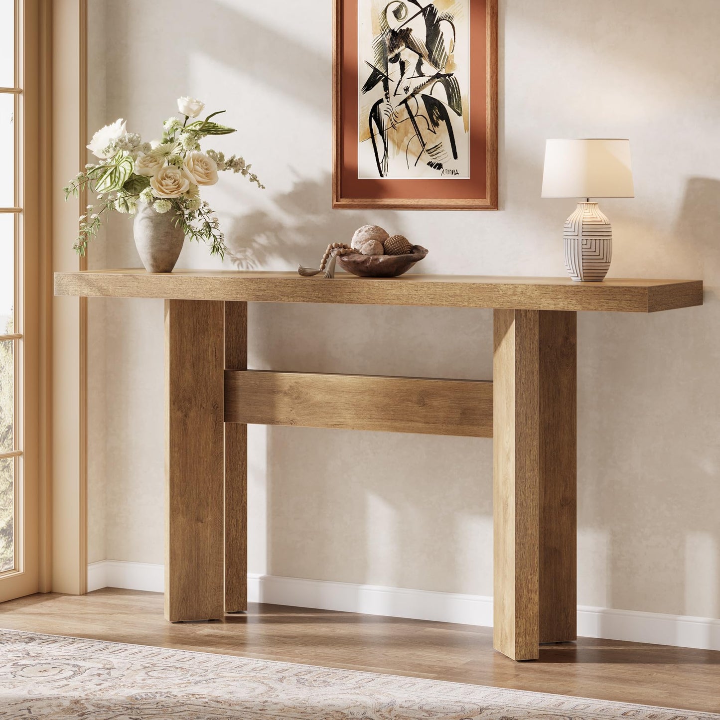 Tribesigns 63-Inch Farmhouse Console Table, Long Wooden Sofa Table Behind Couch with H-Shaped Frame for Entryway, Foyer, Hallway, Living Room, Easy Assembly, Brown