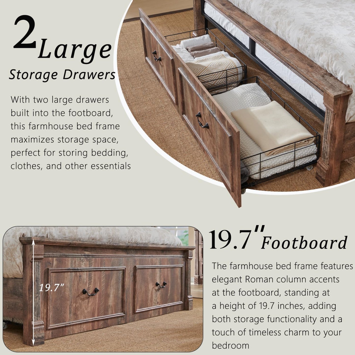 Aitjunz Farmhouse Queen Size Bed Frame with 51" Tall Headboard, Wood Platform Bed Frame with 20" Tall Roman Column Decoration Footboard & 2 Large Storage Drawers, No Box Spring Needed (Light Brown)