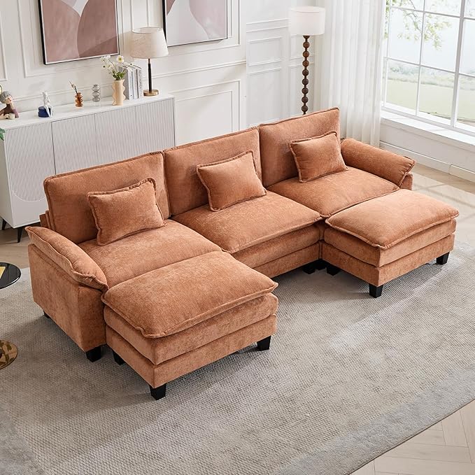 Oprisen 120" Modular Sectional Sofa, Comfy Cloud Couch Sectional Sofa with Ottoman, Chenille Sofa Sleeper Deep Seat Sofa with Throw Pillows for Living Room (Orange, 120"- U Shape)