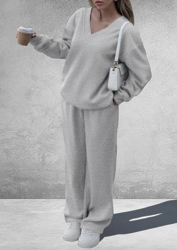 PRETTYGARDEN Casual Winter Two Piece Sets for Women 2026 V Neck Sweatshirt Loose Wide Leg Pants Tracksuit Knit Fall Outfits