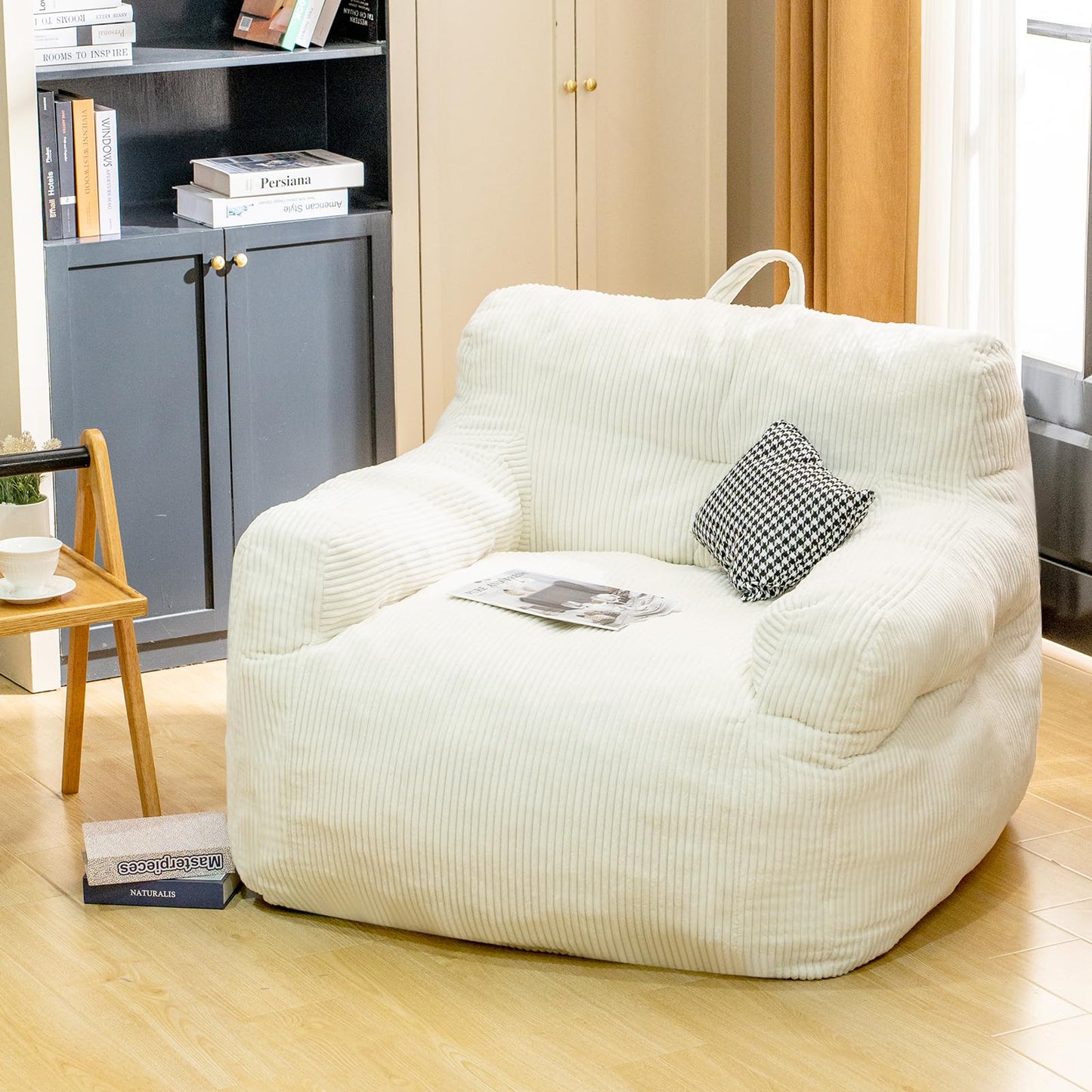 Stmoze Bean Bag Chair for Adults - Faux Fur, Fluffy and Comfy with Filler, Big Sofa for Reading, Gaming (Beige, Oversize)