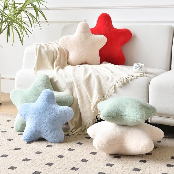 Xiashrk Star Pillow, Decorative Throw Pillows for Bed Couch, 15" Star Shaped Pillow Plush Floor Cushions Room Decor Pillow with Faux Rabbit Fur for Sofa Bedroom Living Room (Beige, 19.6" x 19.6")