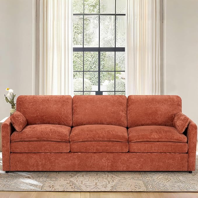 ACMEASE 89” Chenille Sofa w/Arm Pillows, Upholstered 3-Seater Sofa w/Comfortable Back Cushions, Modern 3 Seats Couch w/High-Density Foam for Living Room, Apartment, Office, Orange