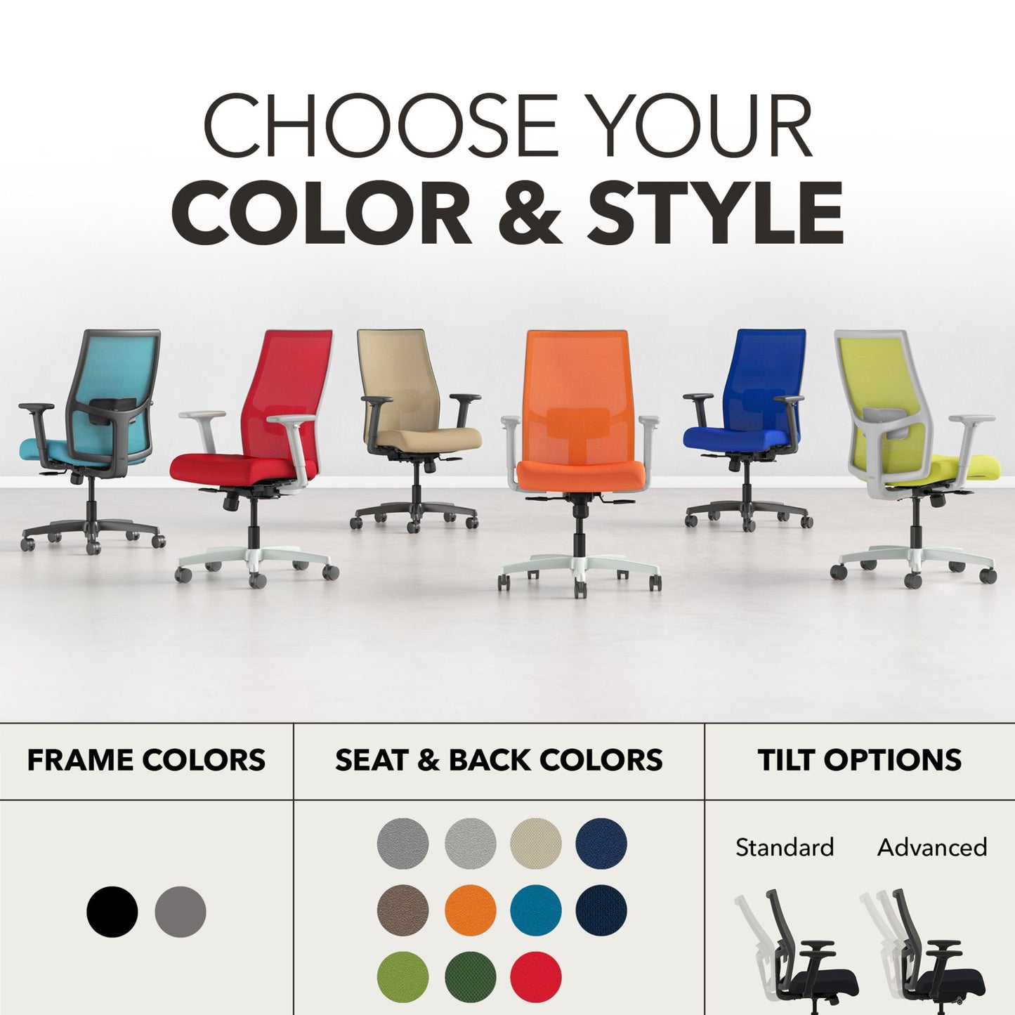 HON Ignition 2.0 Mid‑Back Ergonomic Office Chair, Mesh Task Desk Chair with Lumbar Support, Standard Synchro‑Tilt, Height and Width Adjustable Arms, Black Frame, Black
